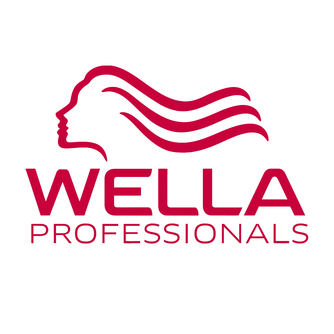 Un logotipo de Wella Professionals con la cabeza y el cabello de una mujer.