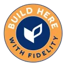A blue and orange logo that says build here with fidelity