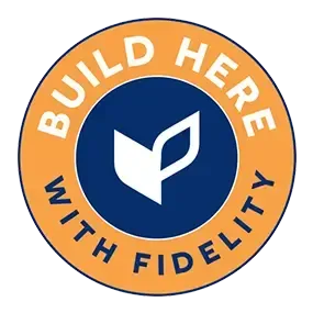 A blue and orange logo that says build here with fidelity