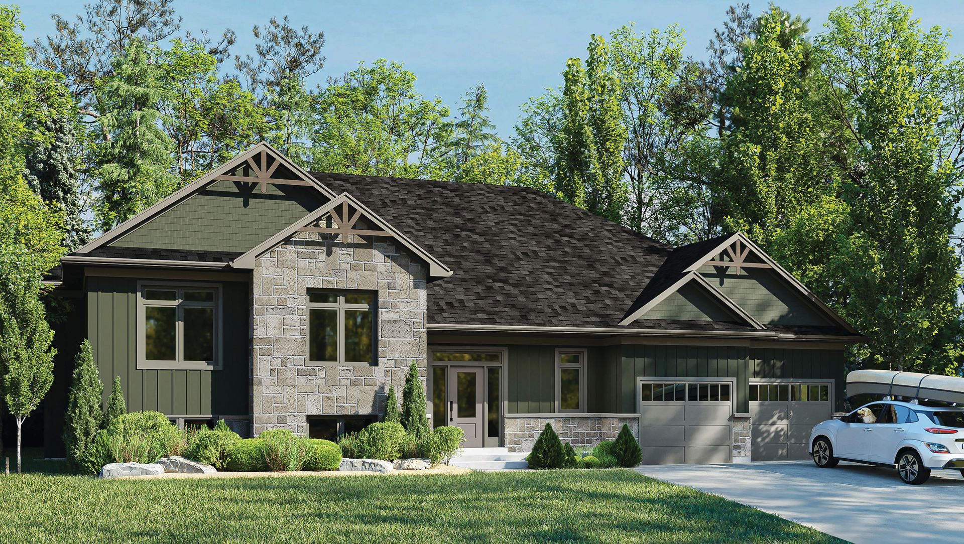 A rendering of a Fidelity Homes custom house with a car parked in front of it