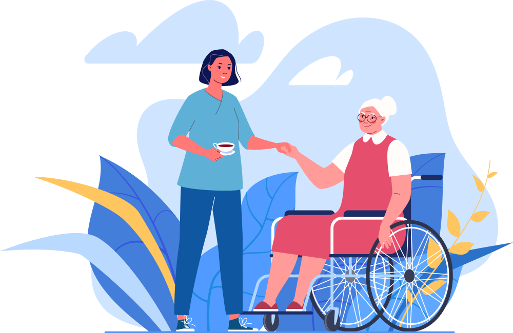 A nurse is shaking hands with an elderly woman in a wheelchair.