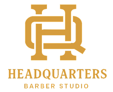 Gold “Headquarters Barber Studio” logo with interlocking initials on a white background
