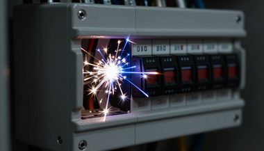 Electrical panel with a bright sparking short circuit near the circuit breakers