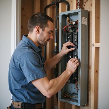 Technician adjusting wiring inside an open electrical panel in a wall framing space