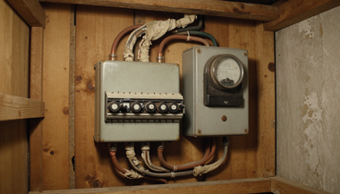 Electrical breaker panel and meter mounted inside a wooden wall cabinet with exposed wiring.