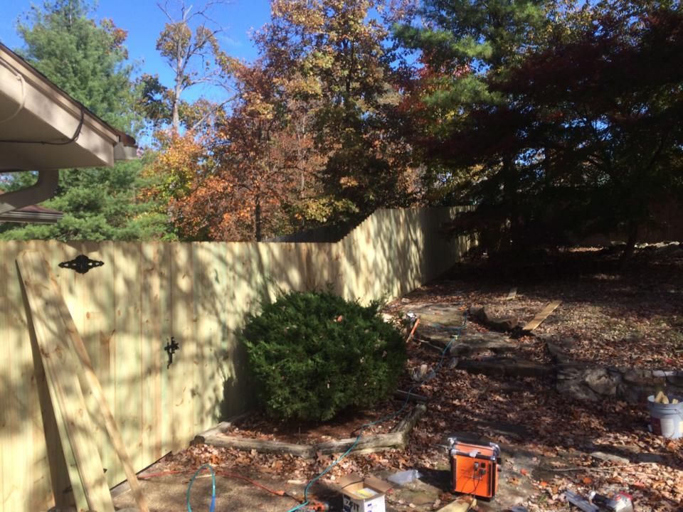 A wooden fence is surrounded by trees in a backyard.