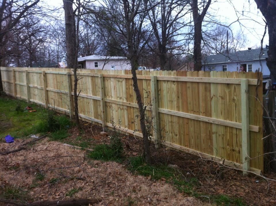 A wooden fence is surrounded by trees in a backyard.