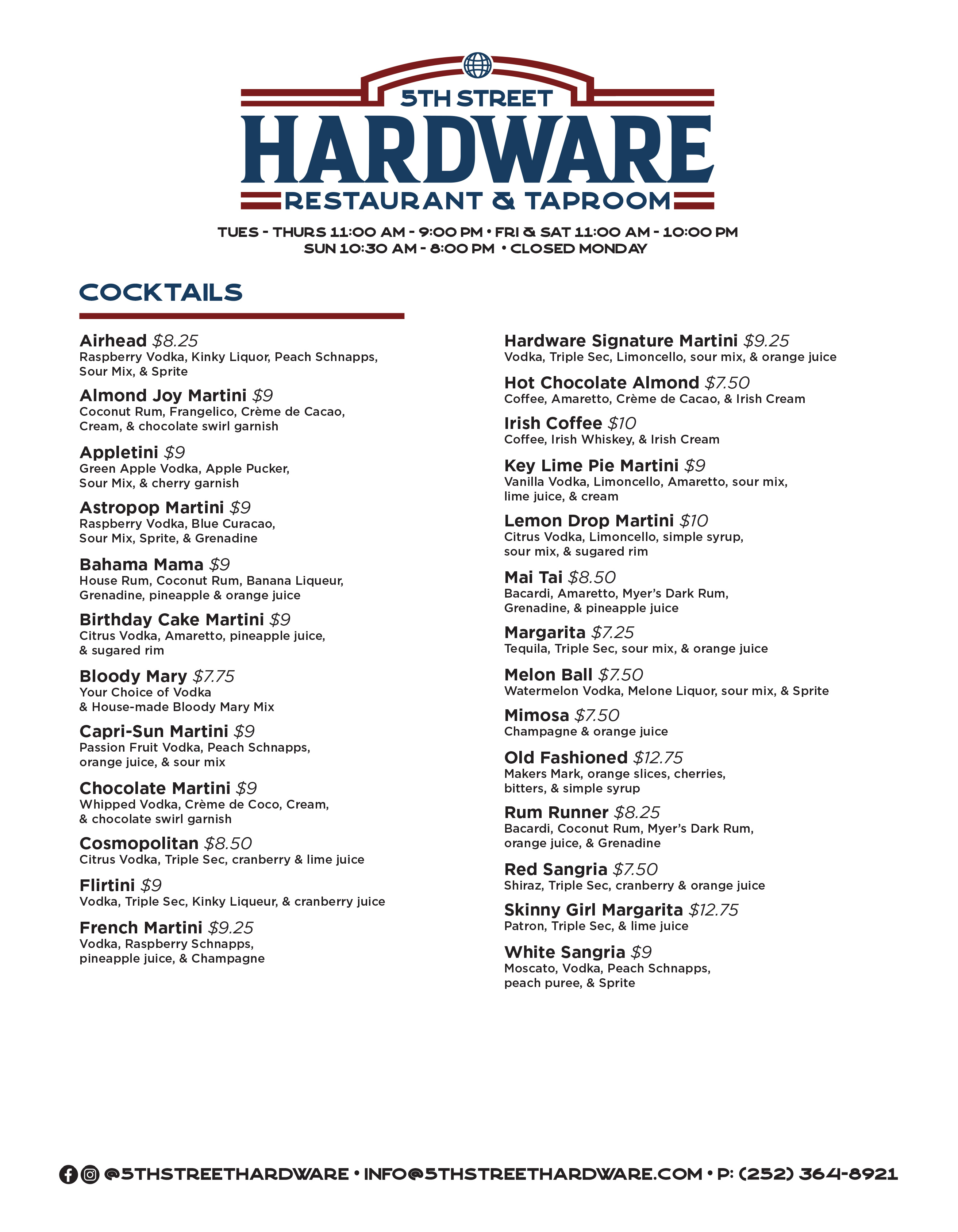 5th Street Hardware Restaurant & Taproom Menu Greenville NC