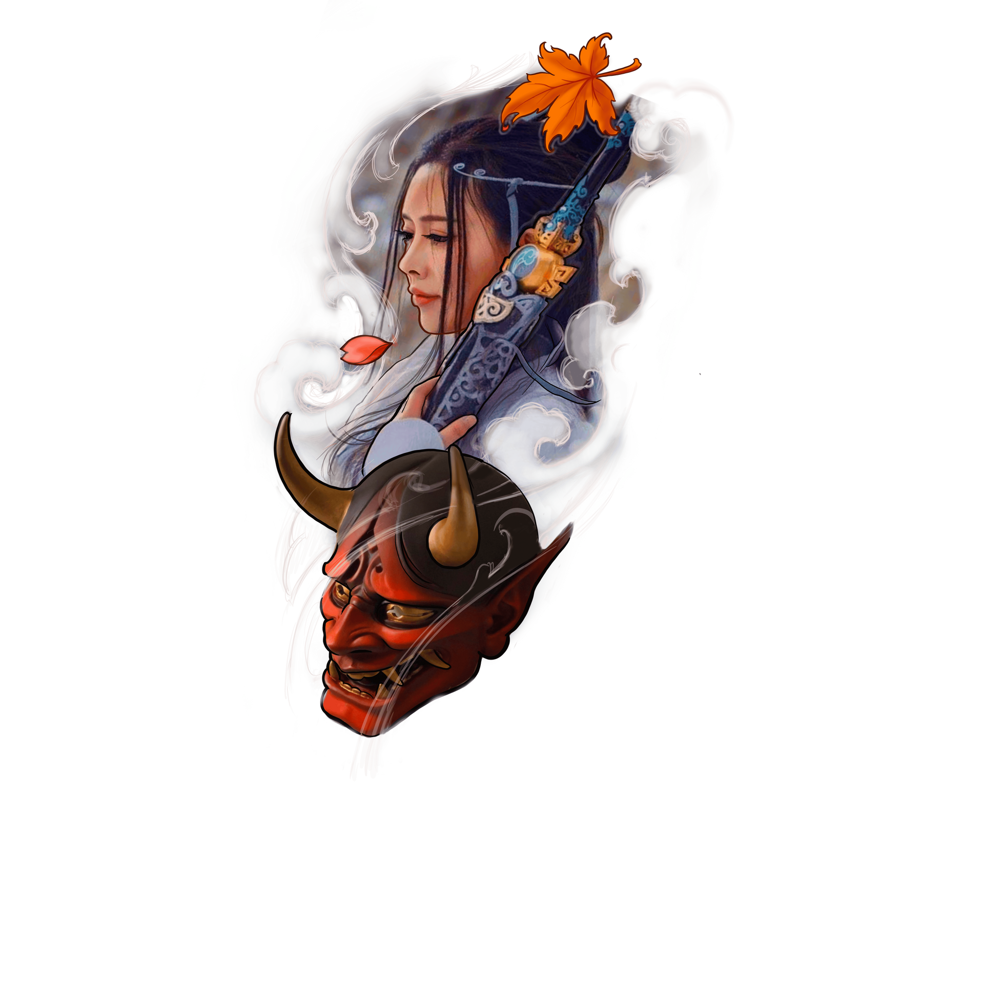 Woman with traditional headdress and oni mask, surrounded by swirling mist and a maple leaf.