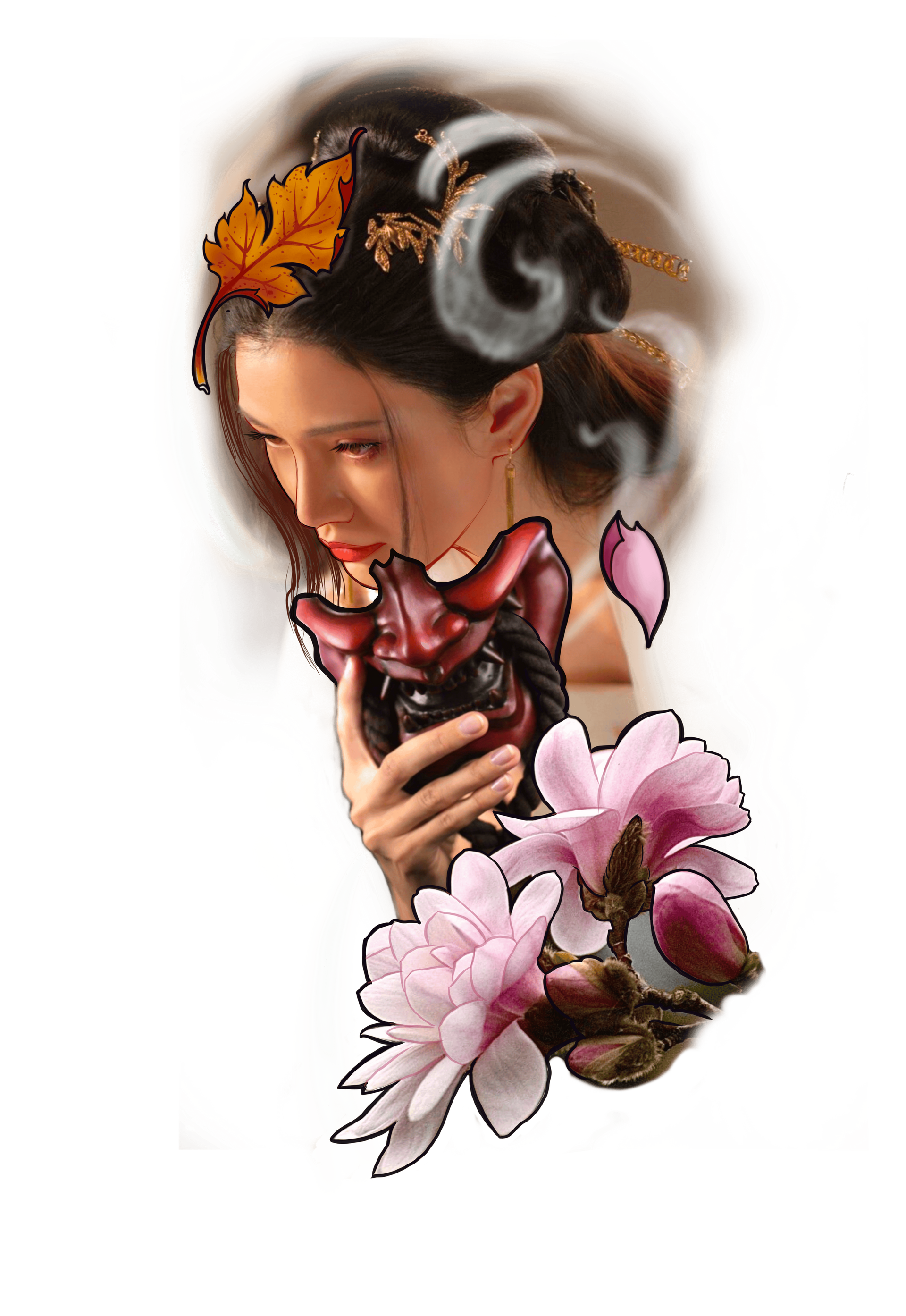 Woman with floral hair, holding a red demon mask, next to pink flowers, and a falling leaf.