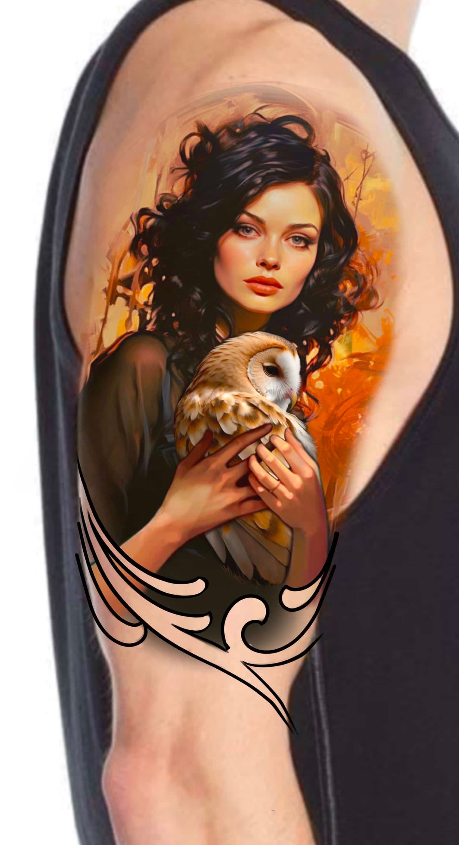 Woman holding an owl, tattoo design on arm. Warm colors, detailed, with tribal design on the arm.