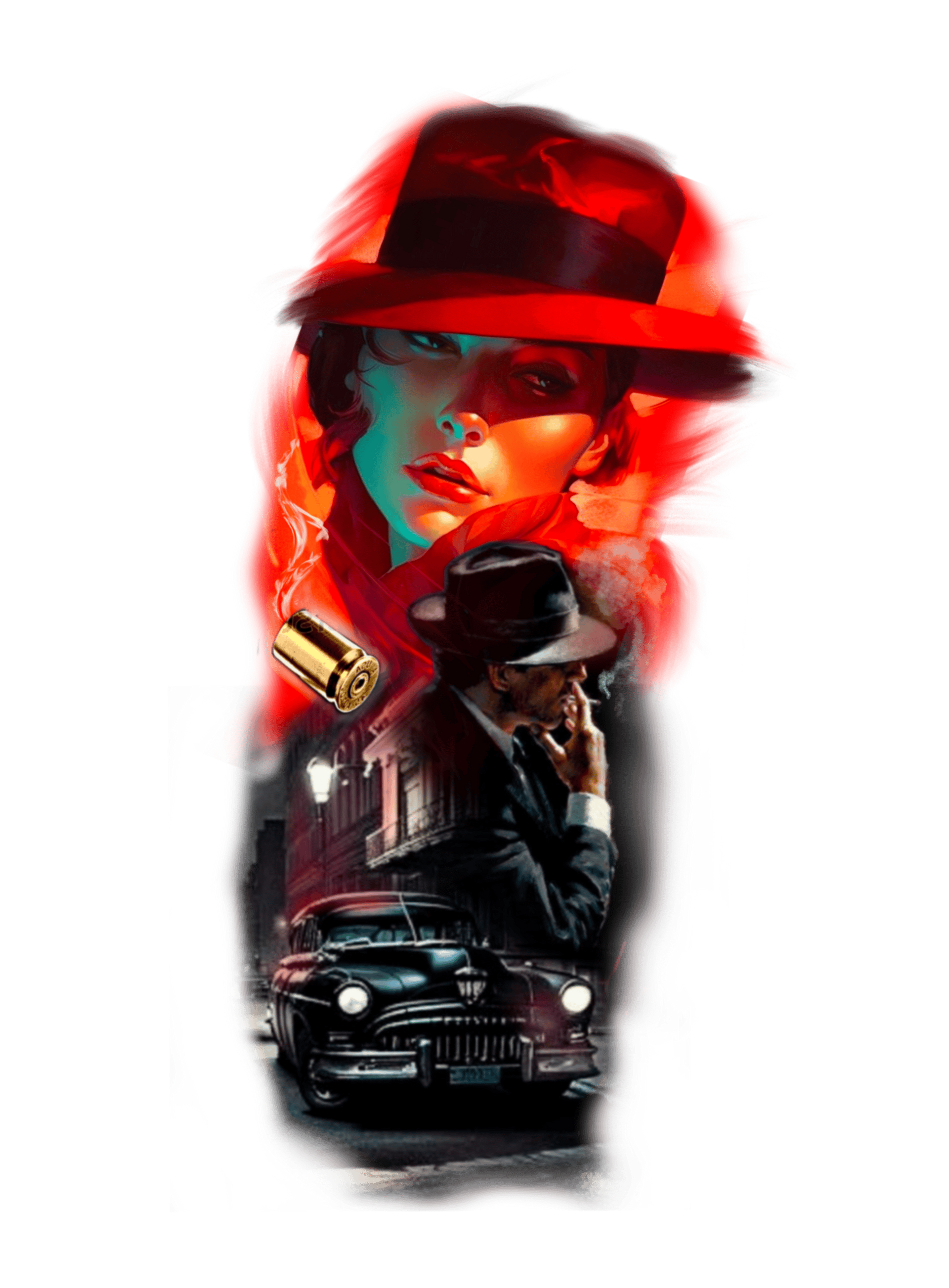Noir-style scene: woman in red hat, man smoking, classic car, city street, bullet, dramatic lighting.