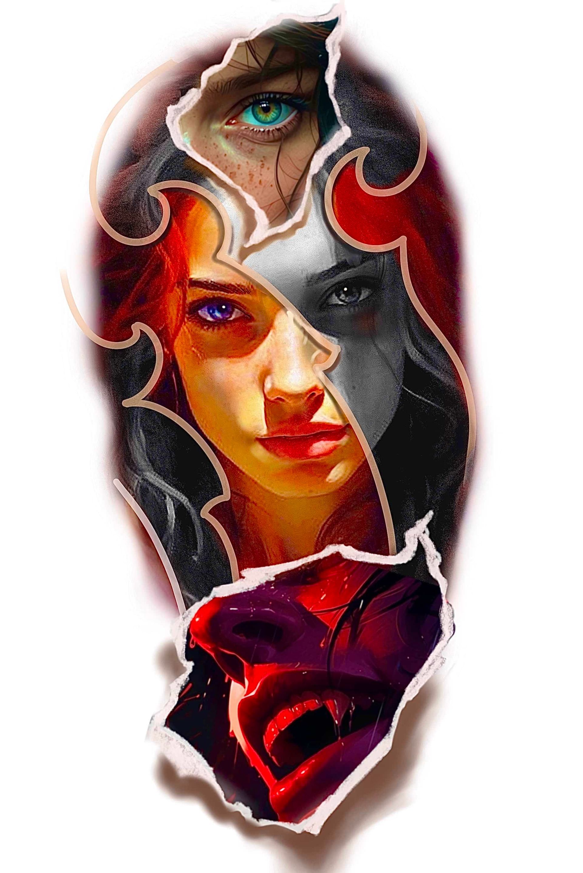 Torn paper reveals faces: woman with purple eyes, blue eye above, dark rose below; red and white hues.