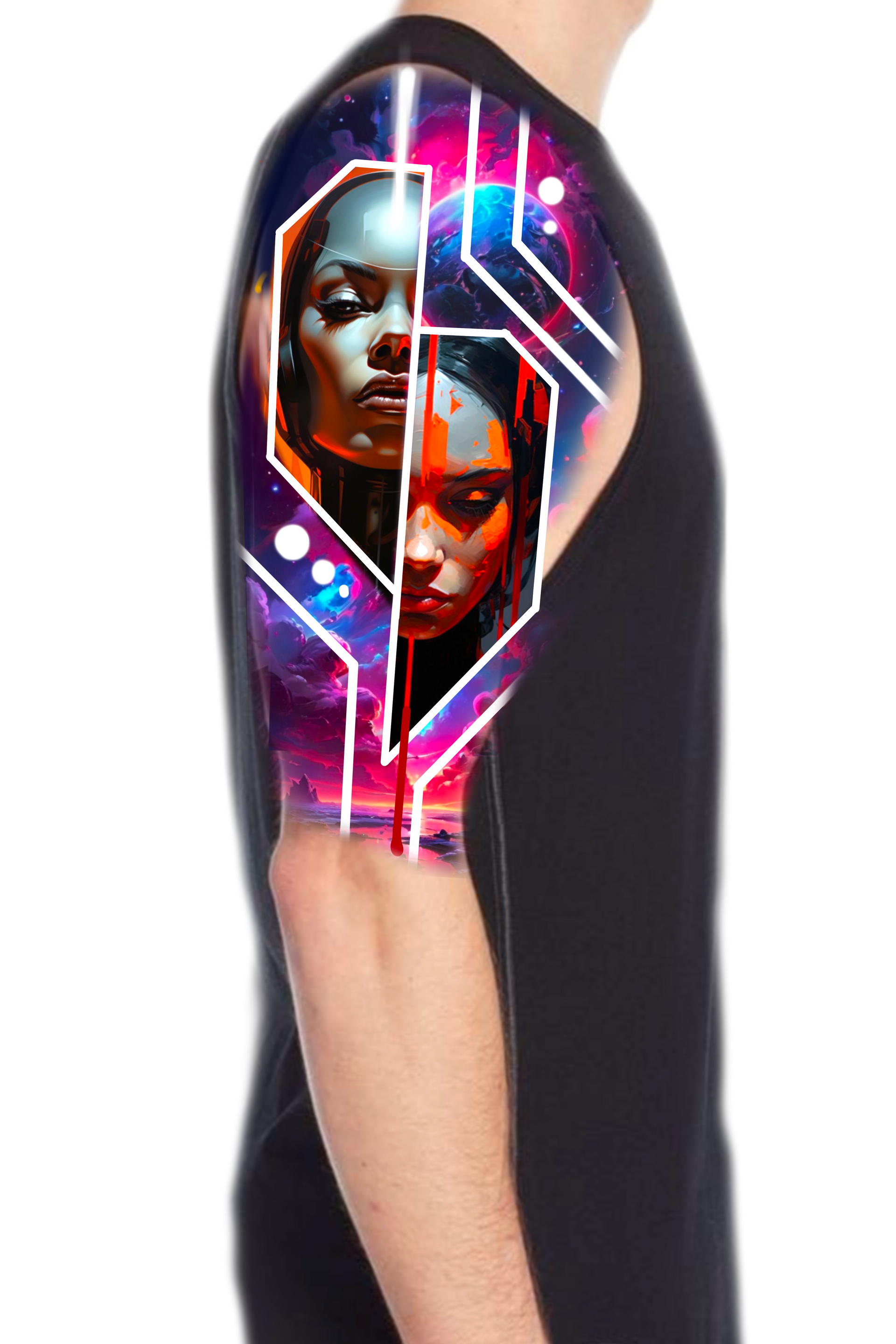 Arm with a cyborg tattoo featuring two faces, surrounded by a cosmic background and white circuit lines.
