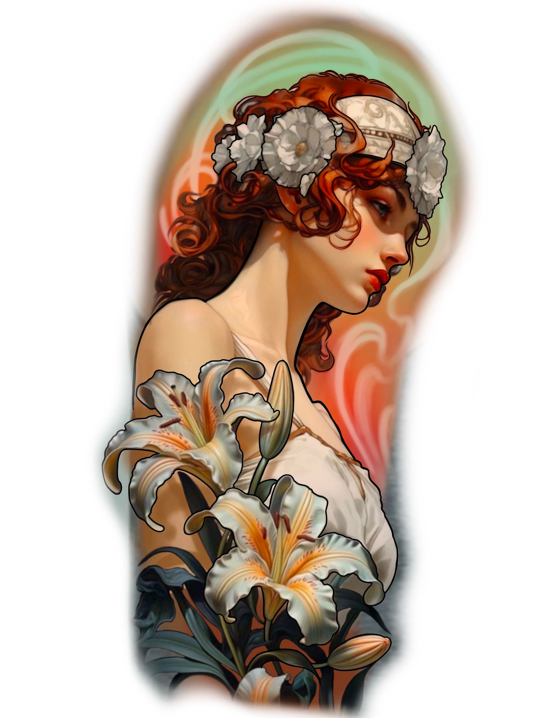 Woman with red hair, wearing a floral headdress and holding white lilies; colorful background.