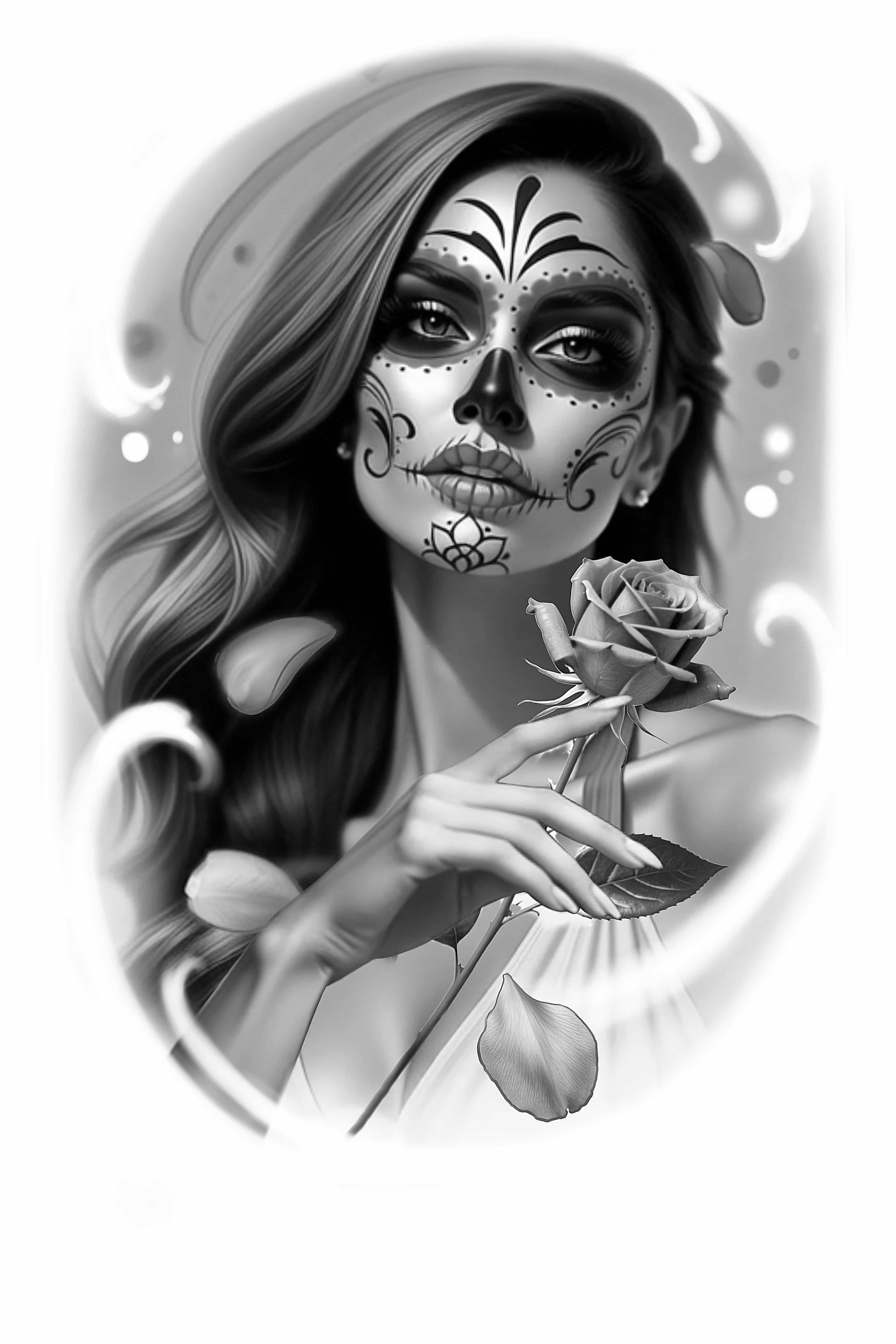 Woman with sugar skull makeup holding a rose, black and white illustration.