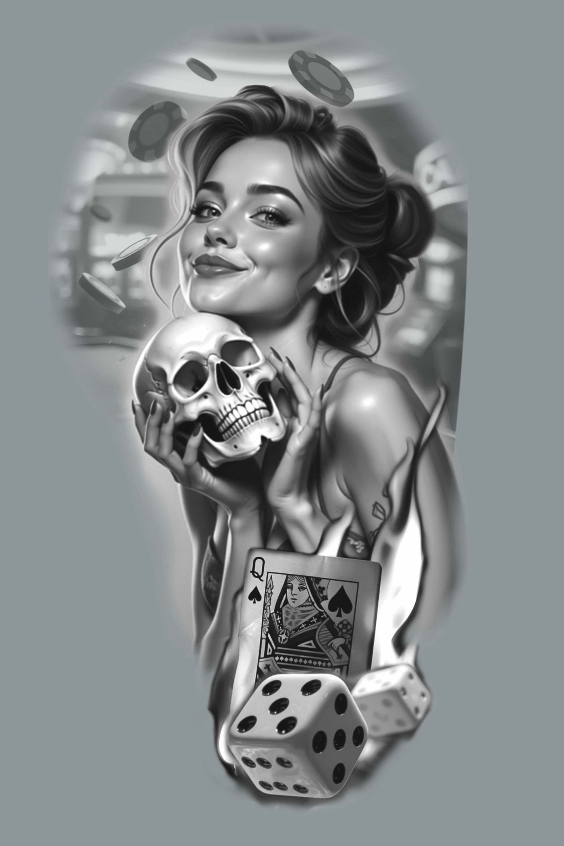 Woman holding skull, smiling, with playing cards and dice, casino chips floating in the background.