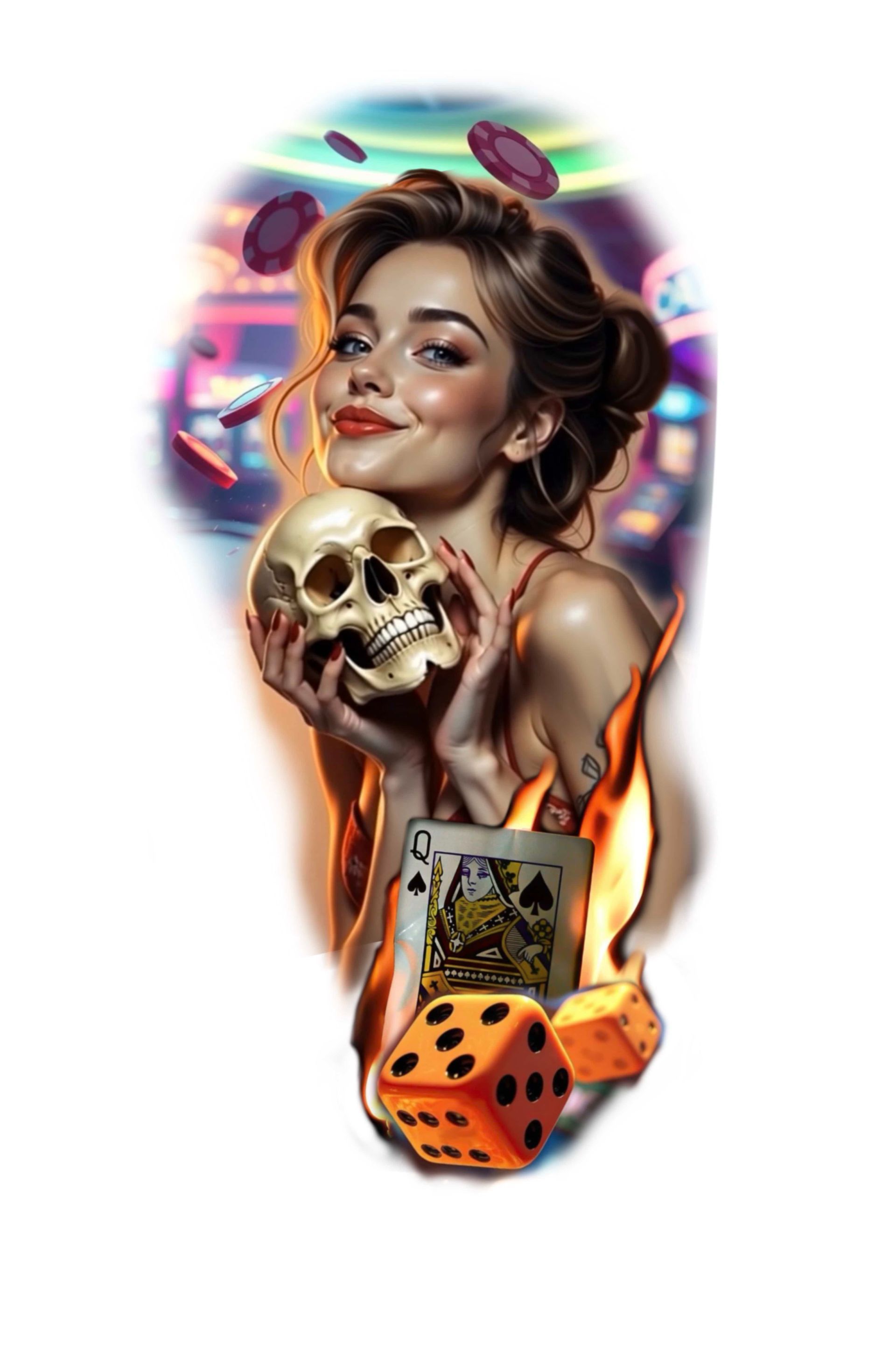 Woman smiles holding skull, casino chips fall, flaming dice, playing cards. Casino in background.