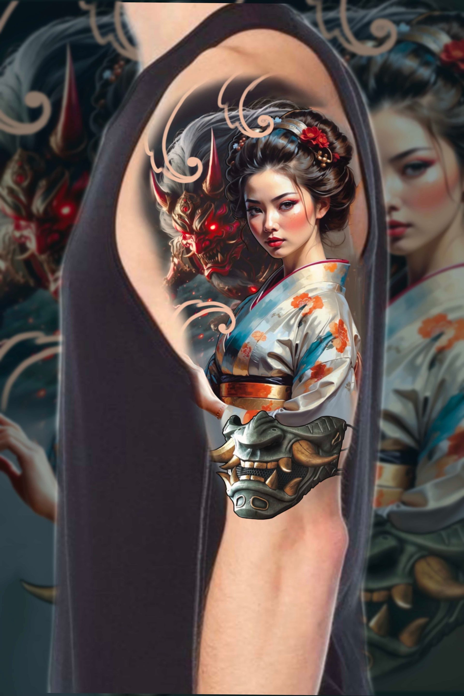 Tattoo on arm depicts a geisha and a demon, with a samurai mask at the forearm.