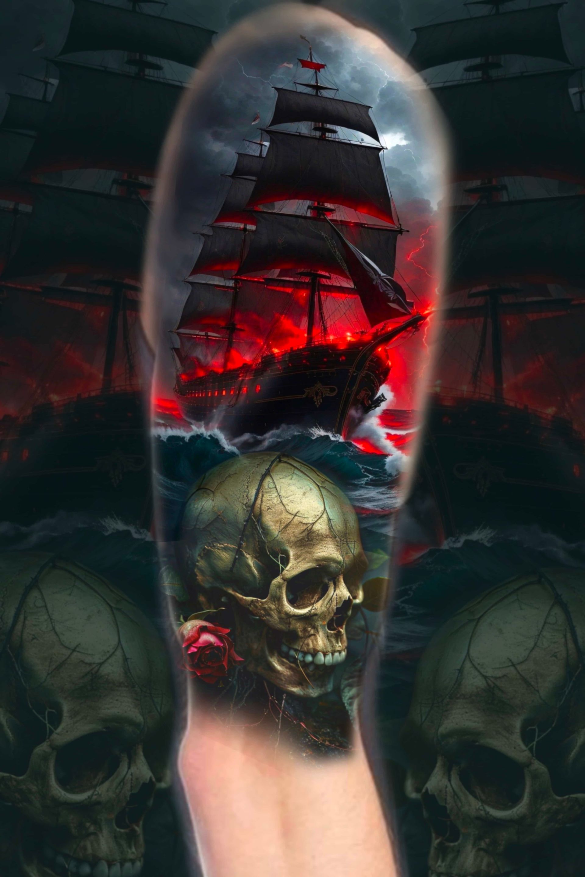 Arm tattoo: Skull with ship engulfed in red fire and stormy sea.