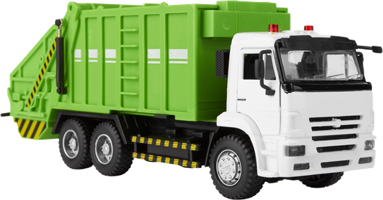 Green and white garbage truck toy on a white background