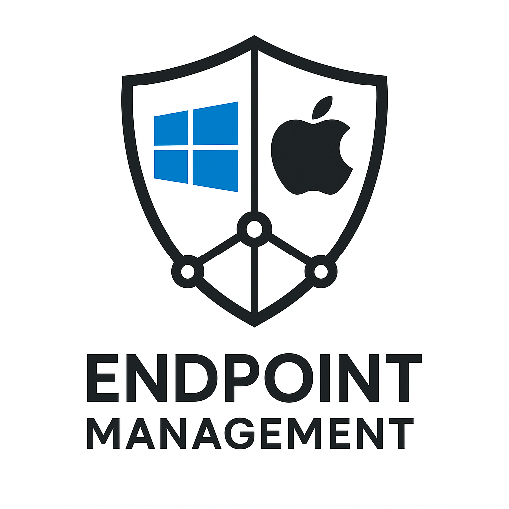Shield with Windows and Apple logos, connected by nodes, text