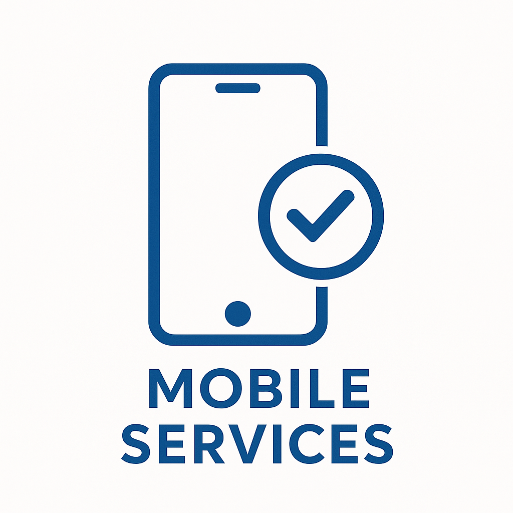 Blue outline of a smartphone with a checkmark, text: Mobile Services.
