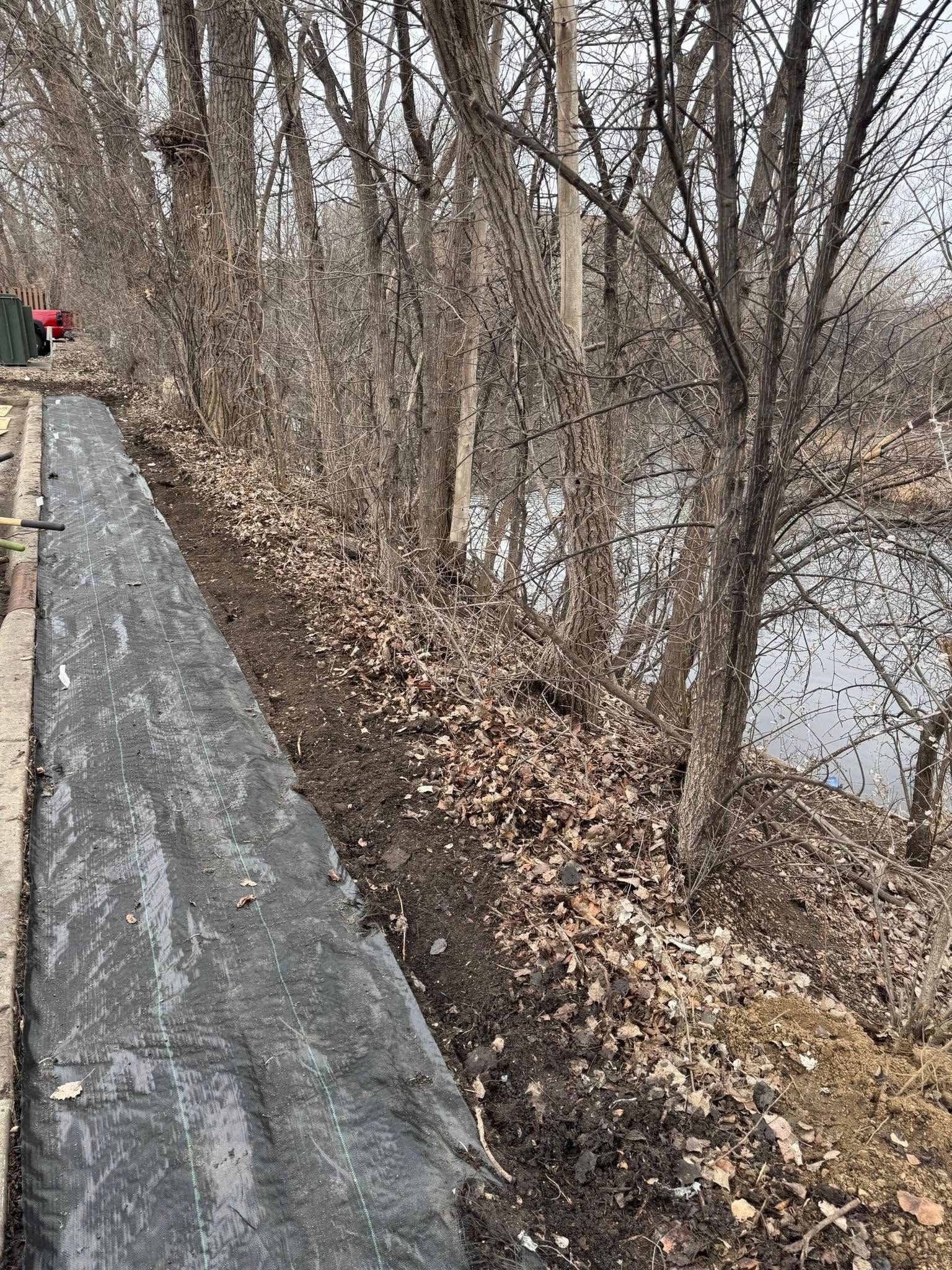 A long, narrow strip of black landscape fabric lies beside a wooded area with bare trees next to a body of water.