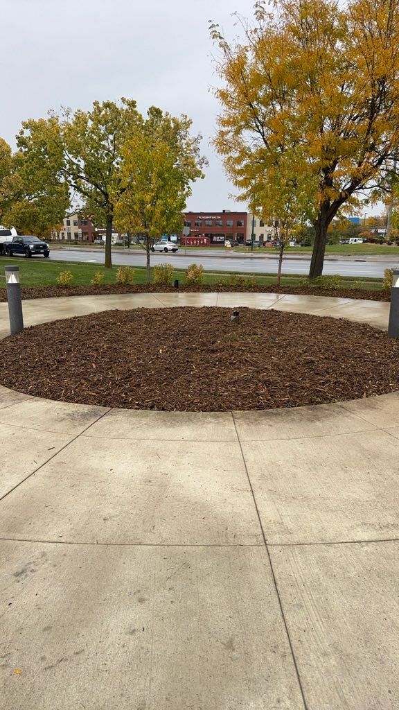A concrete patio with a central circular garden bed filled with brown mulch, flanked by two lamps with autumn trees behind.