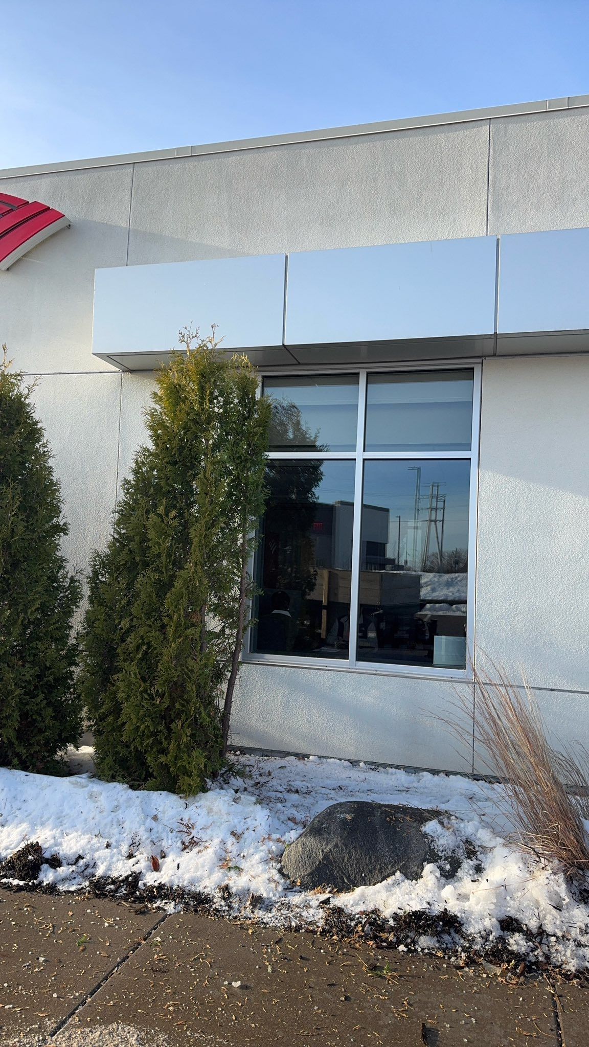 A sunlit commercial building exterior with a silver metal awning above a window and two evergreen bushes in snowy mulch.