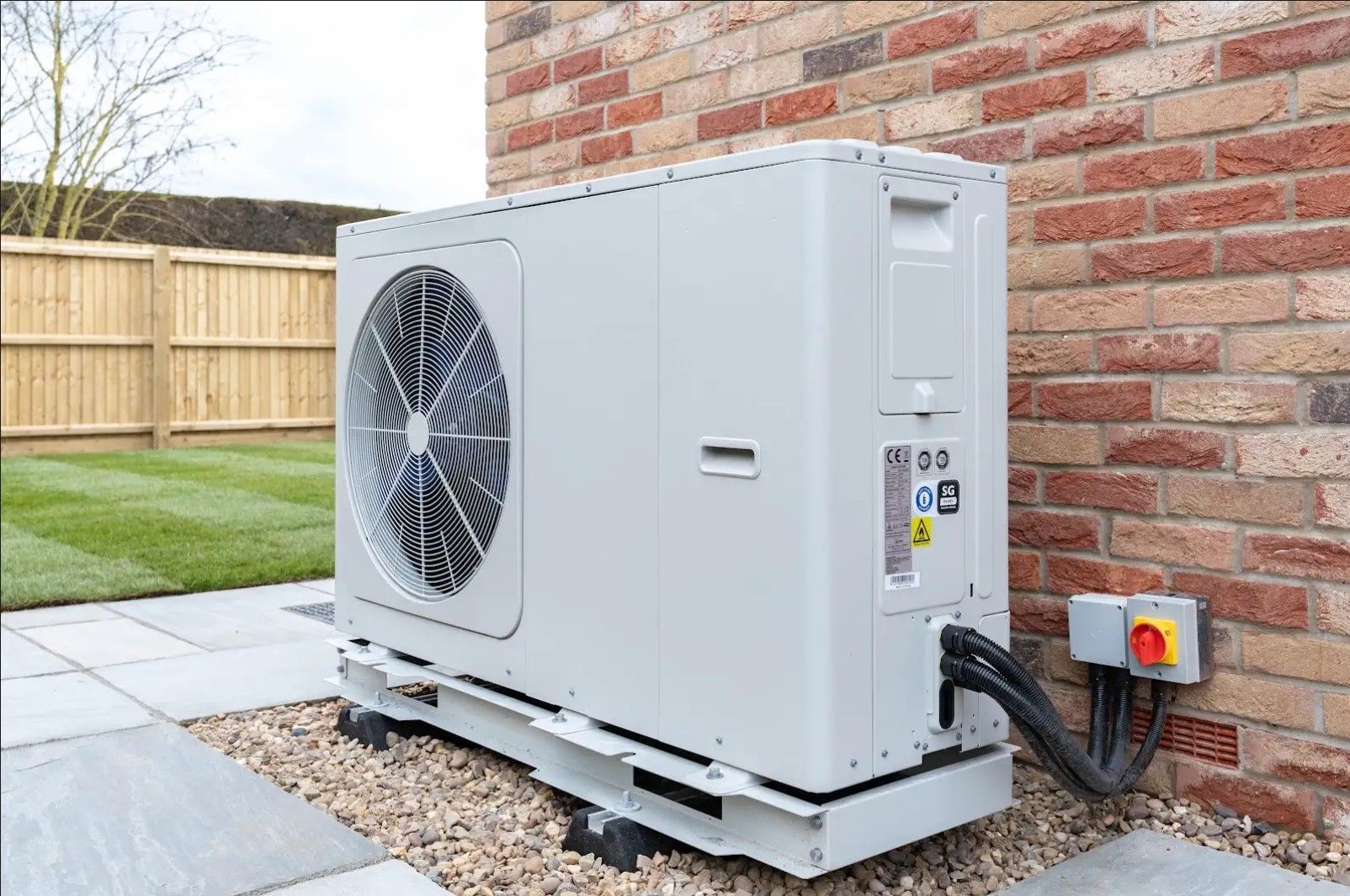 A large air conditioner is sitting on the side of a brick building.