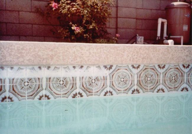 A swimming pool with a floral pattern on the tiles