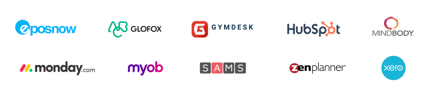 Health, fitness and beauty business management software that our service integrates with - eposnow, glofox, gymdesk, hubspot, mindbody, monday.com, myob, sams, zenplanner and xero.