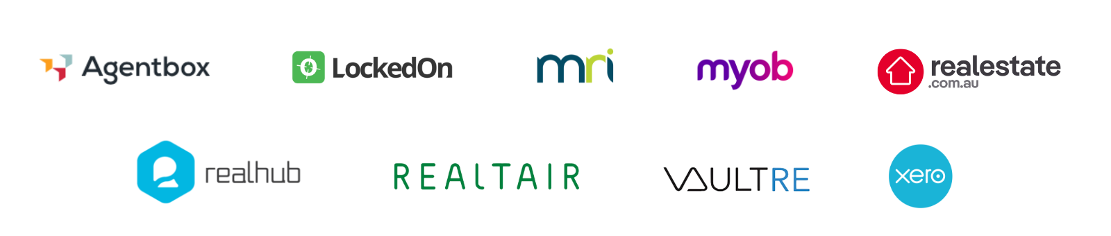 We integrate with all major real estate software providers, including agentbox, lockedon, mri, realhub, realtair, vaultre, realestate.com.au, plus xero and myob