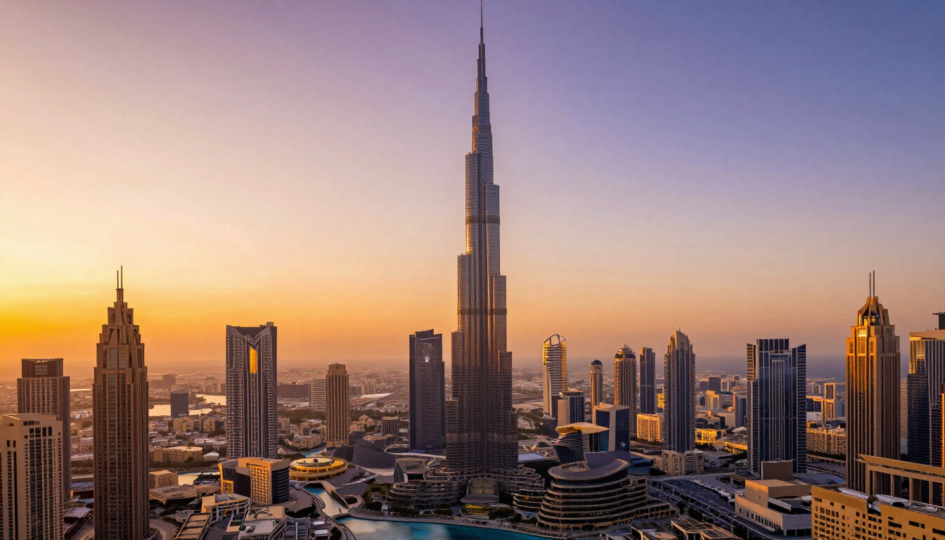 Stunning view of Downtown Dubai skyline at sunset featuring the Burj Khalifa.