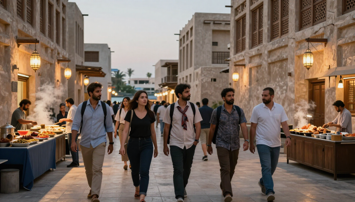 Visitors walking through Al Seef heritage lanes after a budget-friendly meal