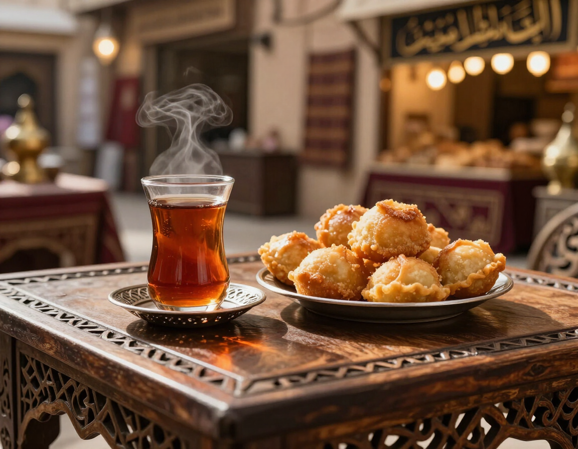 Karak tea and luqaimat dessert at a traditional Dubai food market