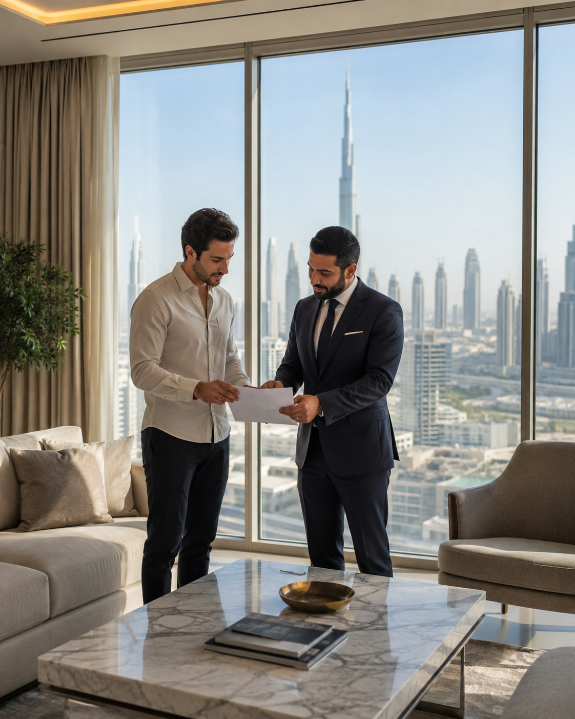 Two businessmen reviewing a document in a modern high-rise office with city skyline views.