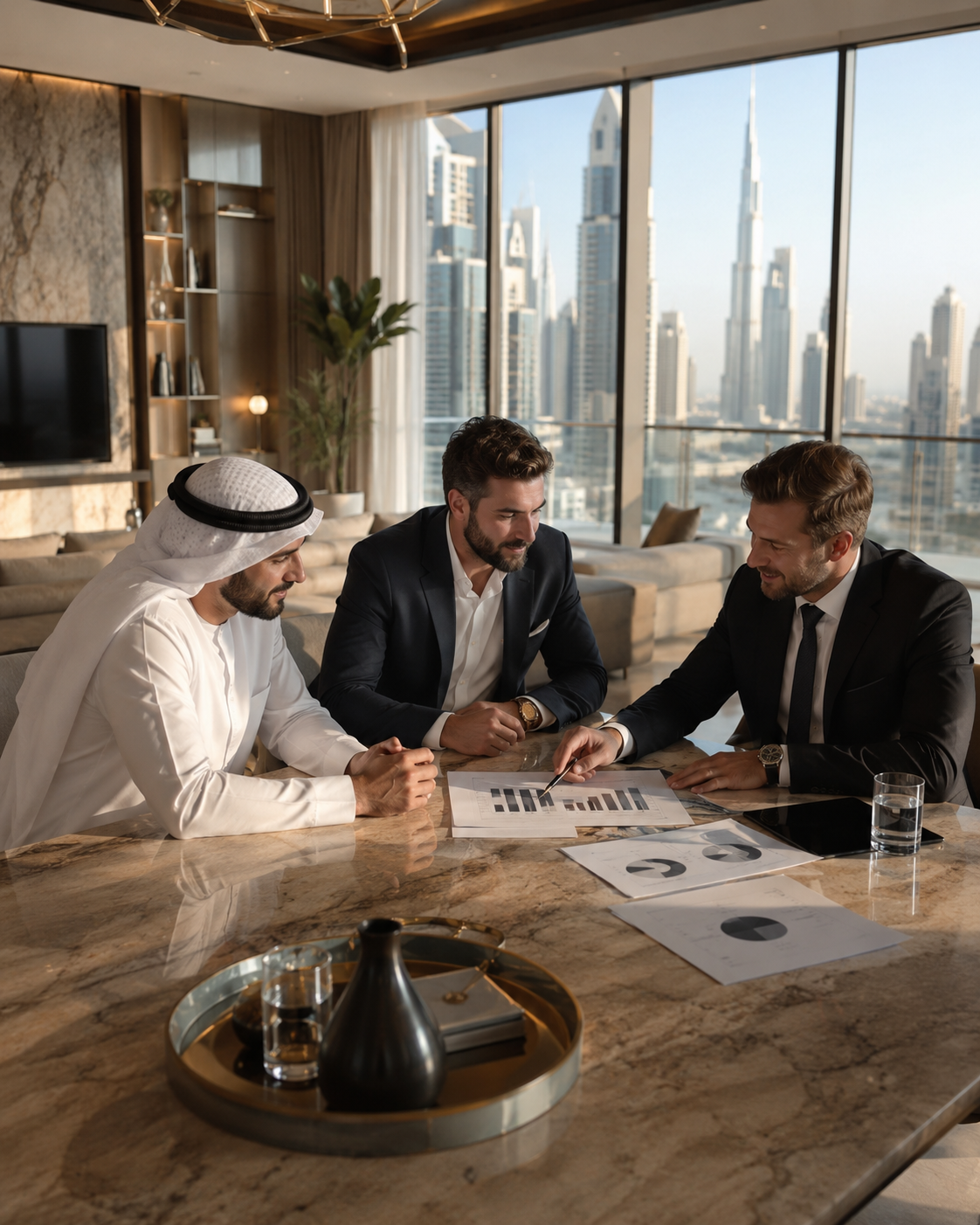 Three men in suits review charts at a marble table with city skyline views behind them.