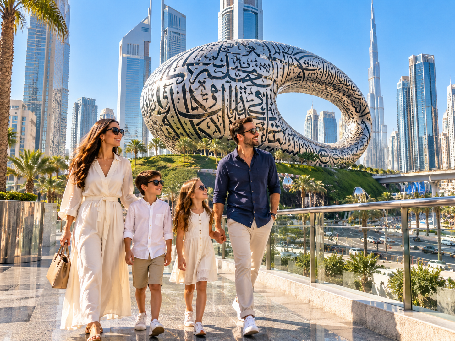 Photorealistic Dubai waterfront district with futuristic architecture, visitors, cafés, and evening lights
