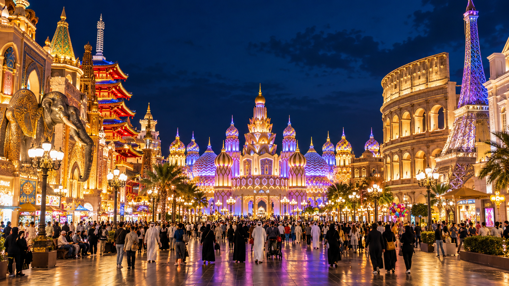 Global Village Dubai entrance and attractions at night