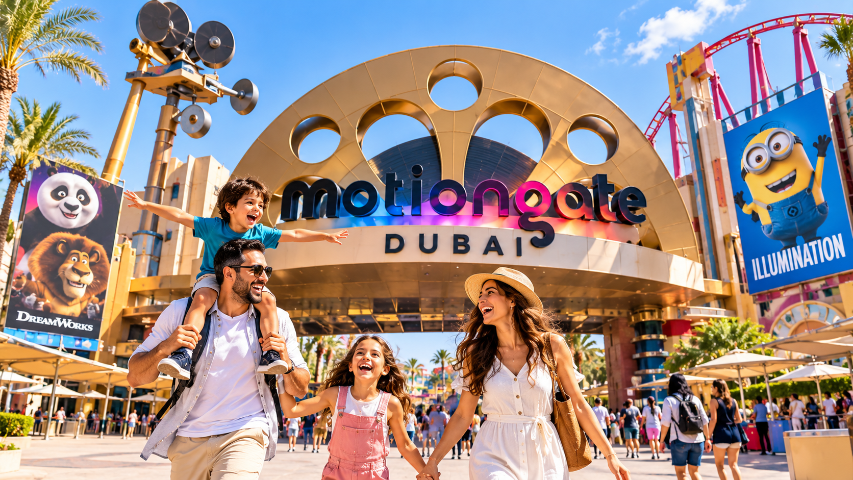 Dubai Parks and Resorts entrance and roller coaster