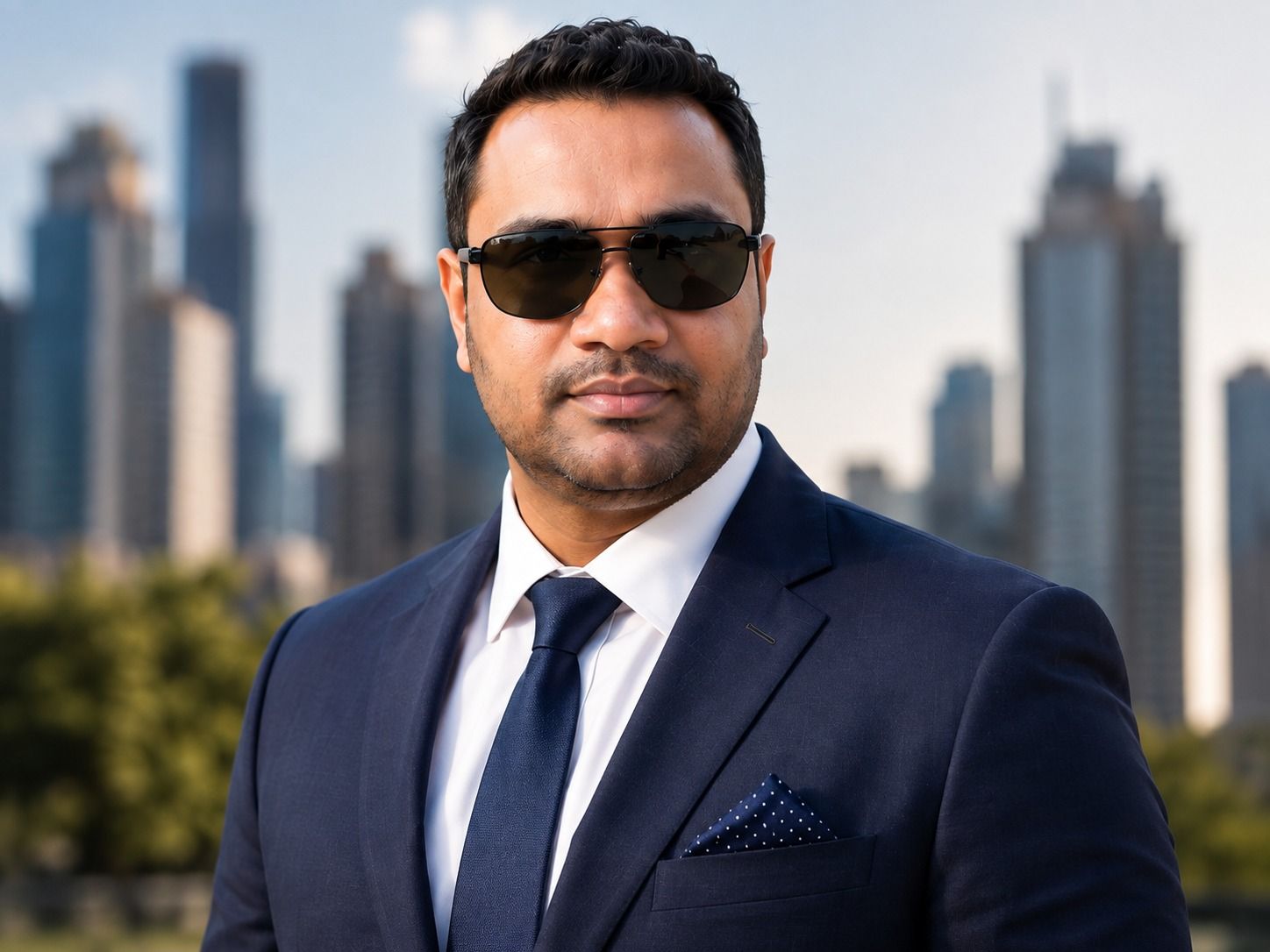 Man in a navy suit and sunglasses standing outdoors with city skyscrapers in the background