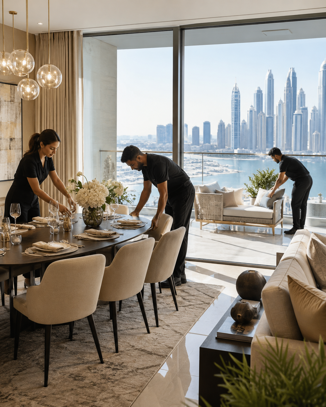 People setting a dining table in a luxury apartment with a city skyline view