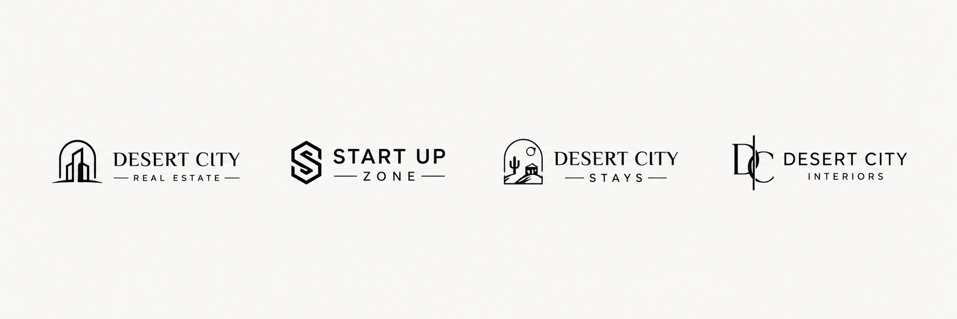 Logo strip for Desert City and Start Up, with black minimalist icons and text on a white background
