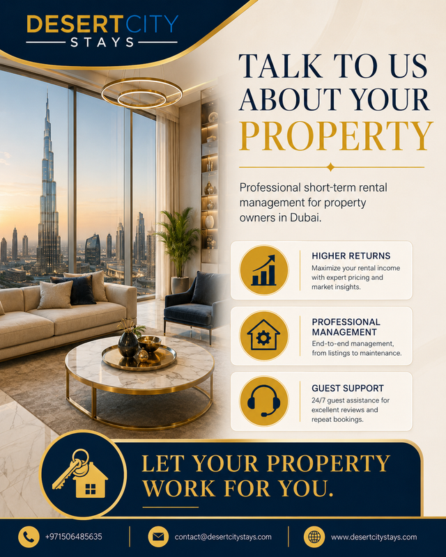Dubai property management ad with skyline, living room, and text: “Talk to us about your property.”
