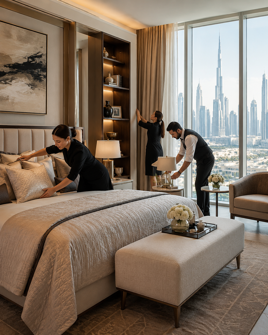 Hotel room with two staff making a bed and arranging pillows, city skyline visible through large windows.