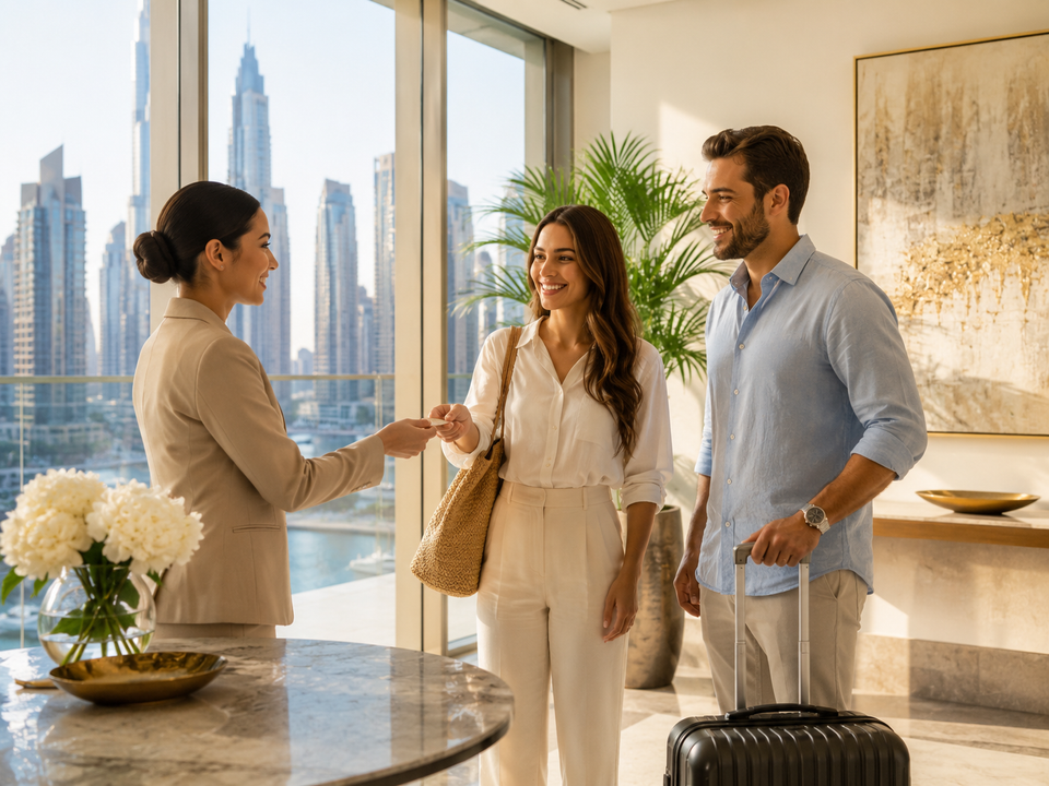 Business travelers greeting a host in a bright hotel lobby with city skyline views and luggage nearby