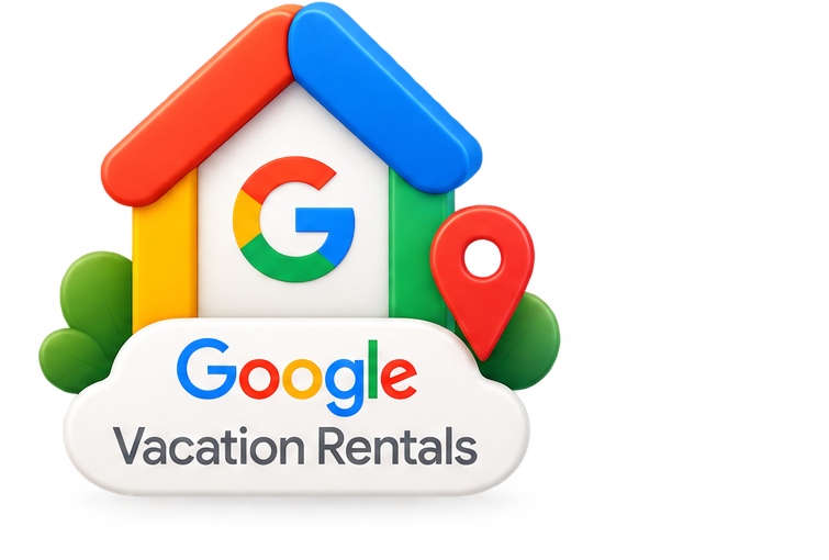 Google Vacation Rentals logo with house icon, multicolor Google “G,” and red map pin.