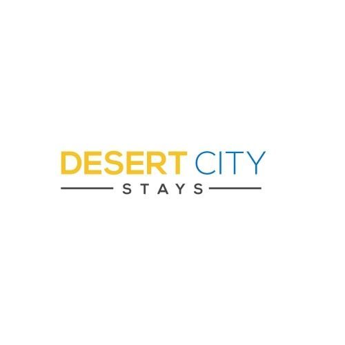 Desert City Stays logo in gold, blue, and black on a white background